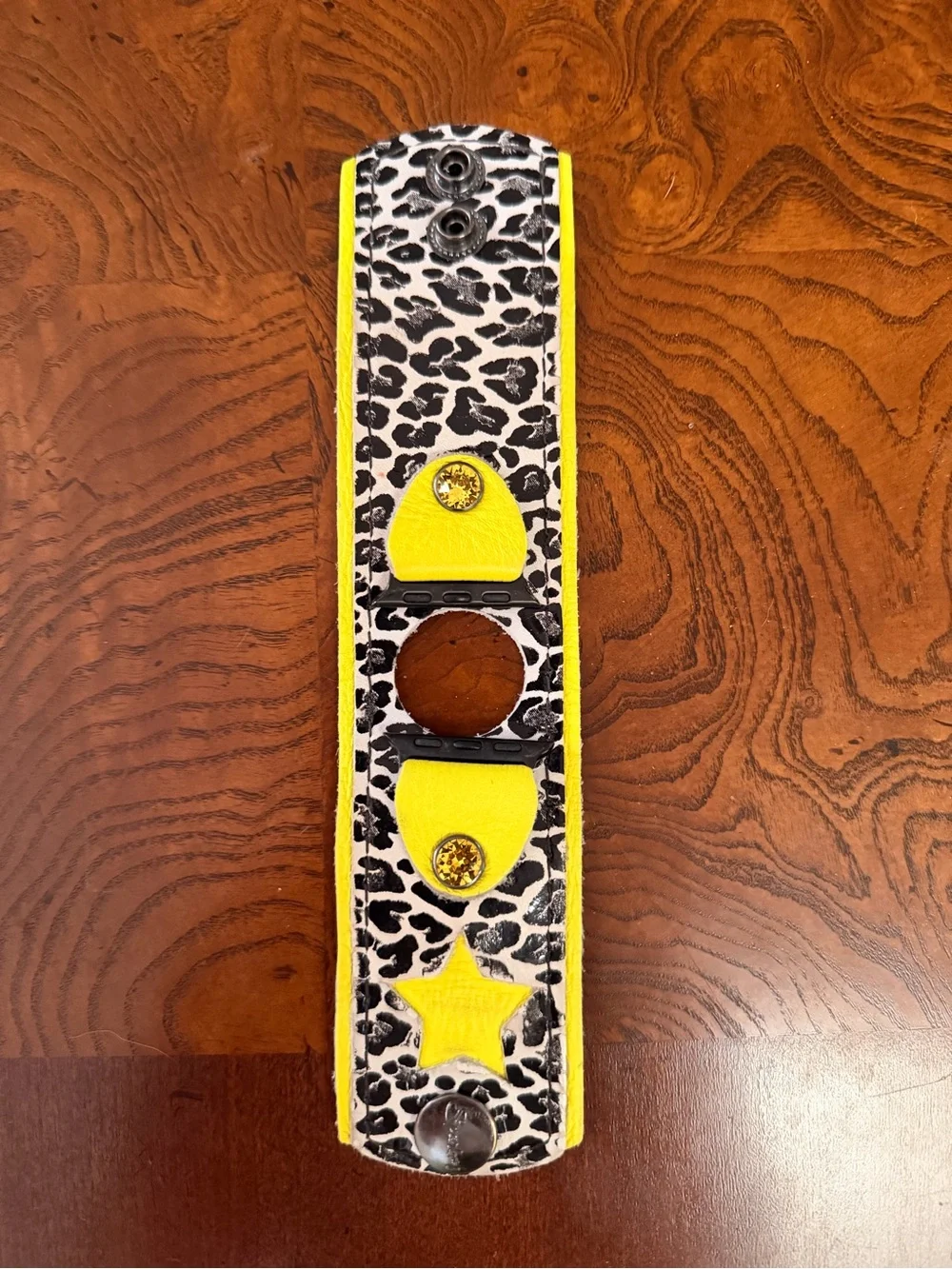 Yellow and Black Leopard leather cuff band for Apple Watch